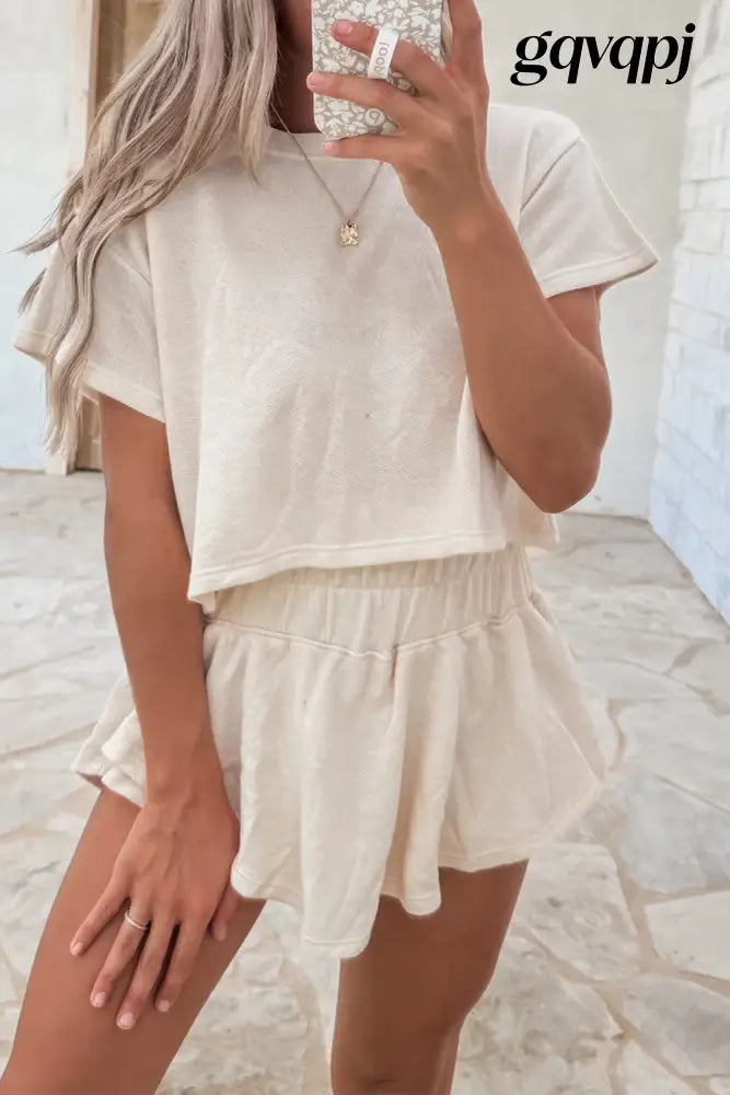 beige cropped tee high waist skirt - Beige / S / 75% Polyester + 20% Cotton + 5% Elastane - Two Piece Sets/Short Sets