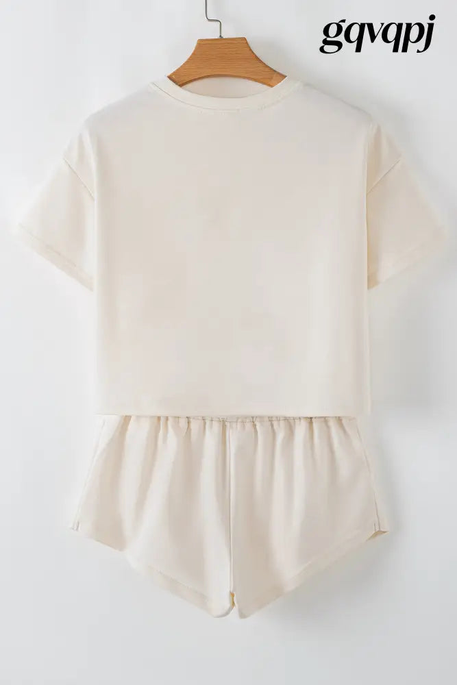 beige cropped tee high waist skirt - Two Piece Sets/Short Sets
