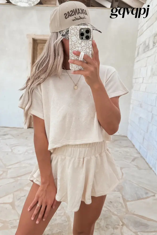 beige cropped tee high waist skirt - Two Piece Sets/Short Sets