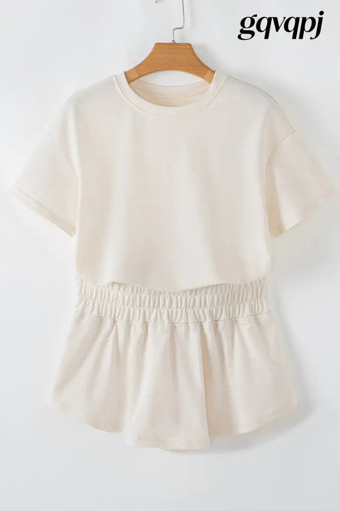 beige cropped tee high waist skirt - Two Piece Sets/Short Sets