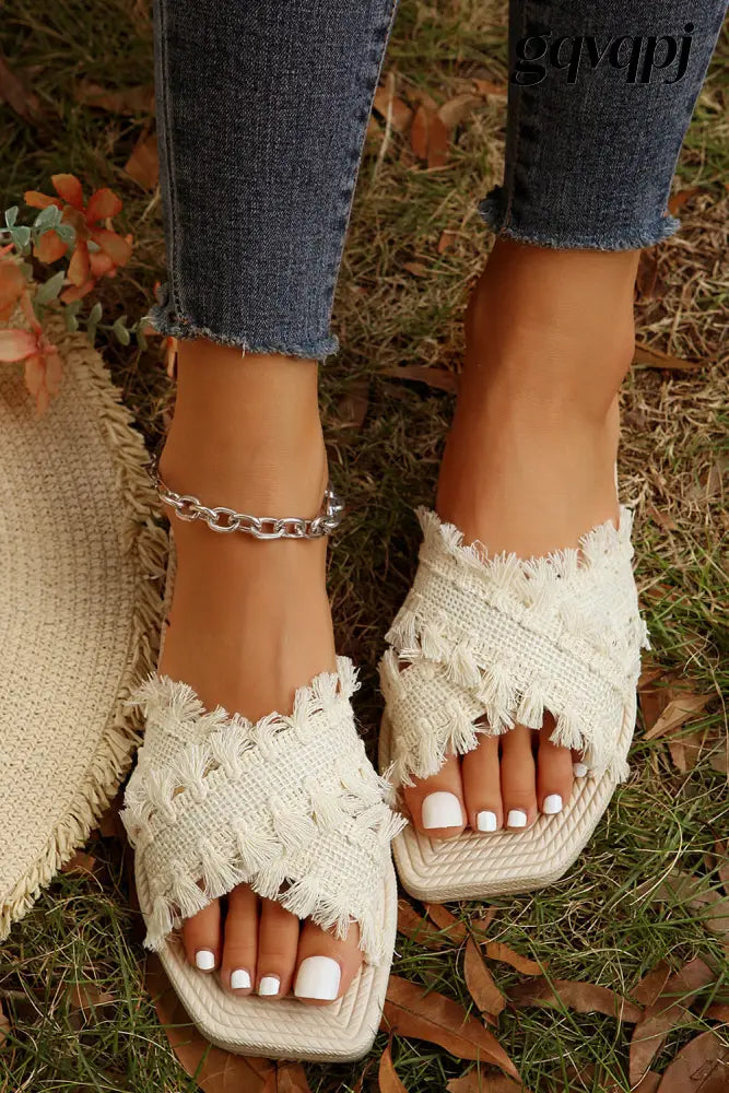 beige-tassel-woven-crossed-straps-flat-slippers - Beige / 37 - Shoes & Bags/Slippers