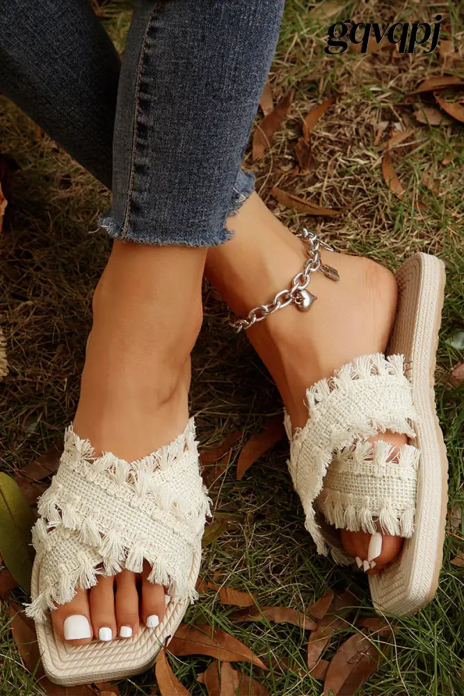 beige-tassel-woven-crossed-straps-flat-slippers - Shoes & Bags/Slippers