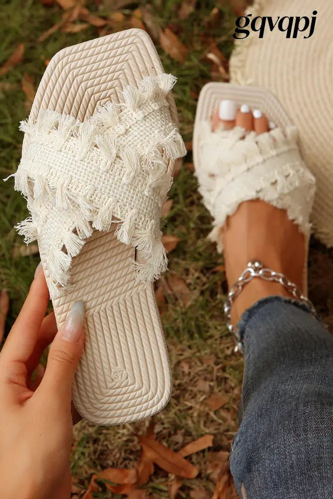 beige-tassel-woven-crossed-straps-flat-slippers - Shoes & Bags/Slippers