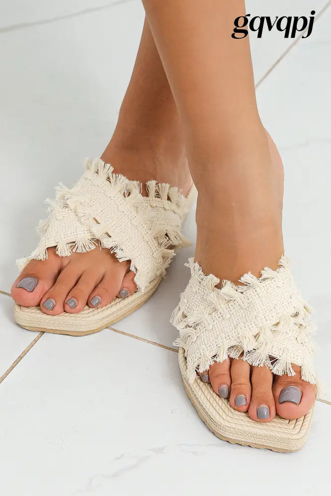 beige-tassel-woven-crossed-straps-flat-slippers - Shoes & Bags/Slippers