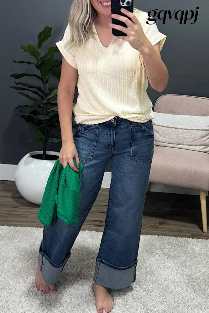 Beige Twisted Texture Knit V Neck - Tops/Tops & Tees