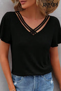 black-crisscross-v-neck-butterfly-sleeve-t-shirt - Black / S / 66% Polyester + 28% Viscose + 6% Elastane - Tops/Tops &