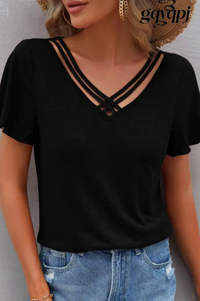 black-crisscross-v-neck-butterfly-sleeve-t-shirt - Black / S / 66% Polyester + 28% Viscose + 6% Elastane - Tops/Tops &