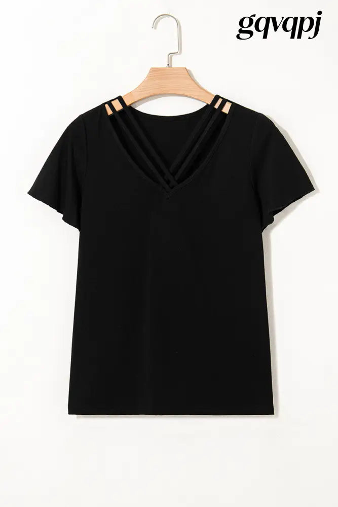 black-crisscross-v-neck-butterfly-sleeve-t-shirt - Tops/Tops & Tees