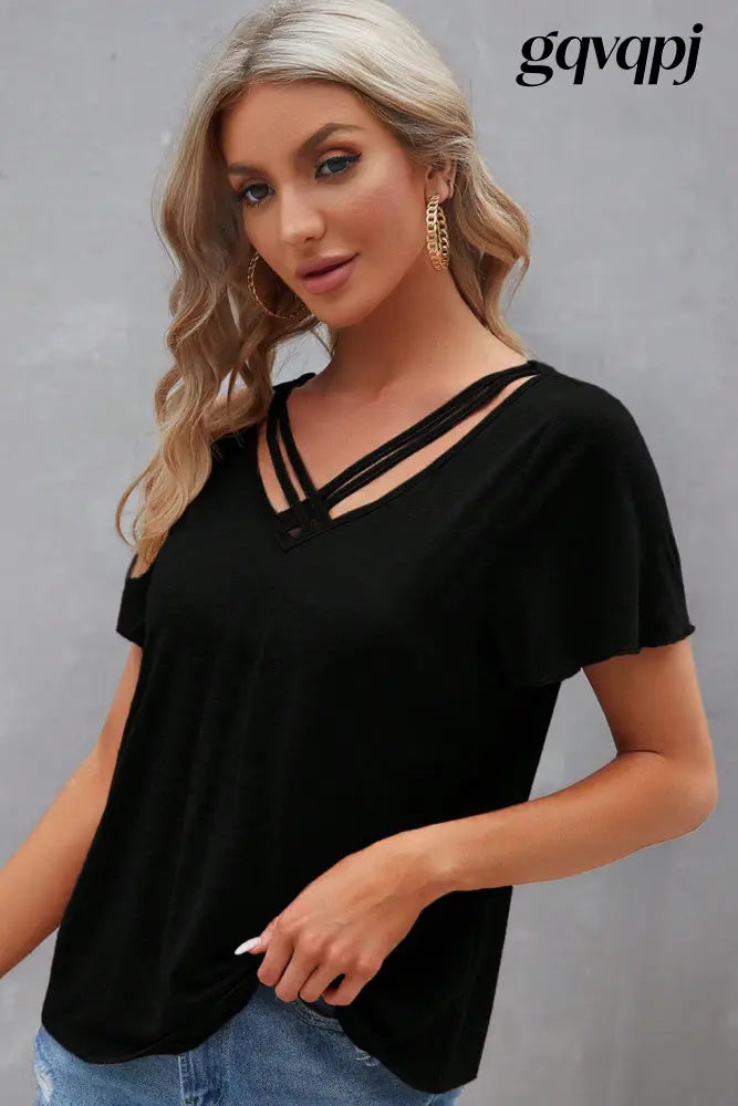 black-crisscross-v-neck-butterfly-sleeve-t-shirt - Tops/Tops & Tees