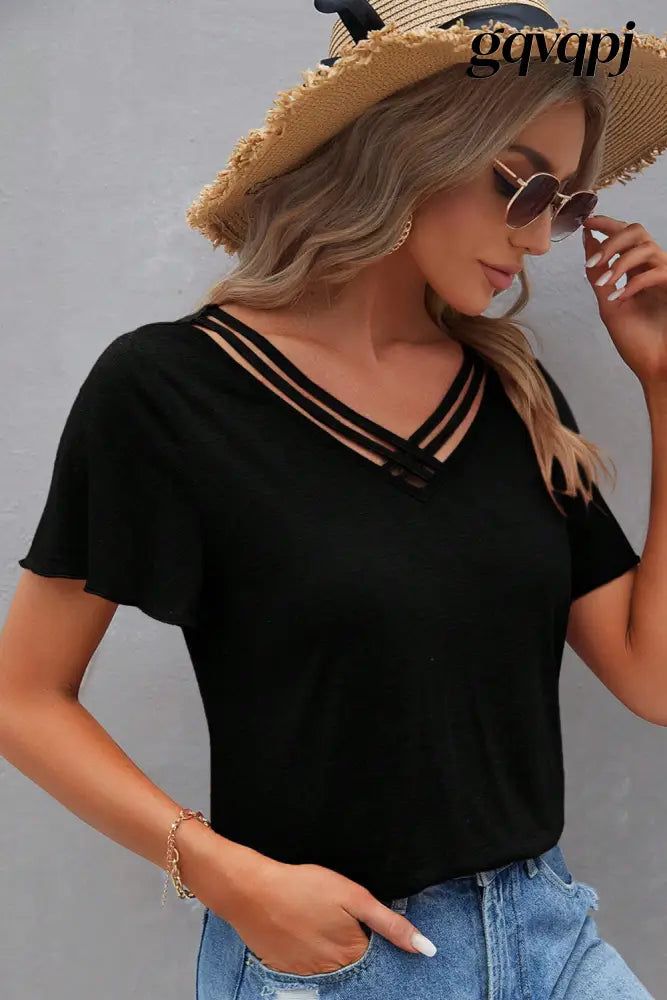black-crisscross-v-neck-butterfly-sleeve-t-shirt - Tops/Tops & Tees
