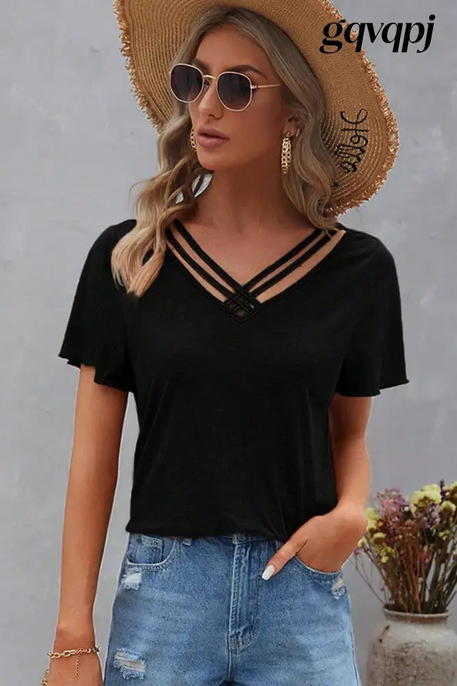 black-crisscross-v-neck-butterfly-sleeve-t-shirt - Tops/Tops & Tees