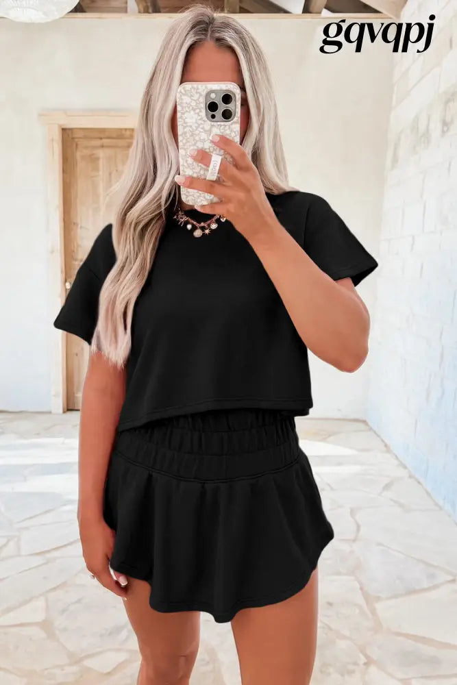 black-cropped-tee-high-waist-skirt-set - Two Piece Sets/Short Sets
