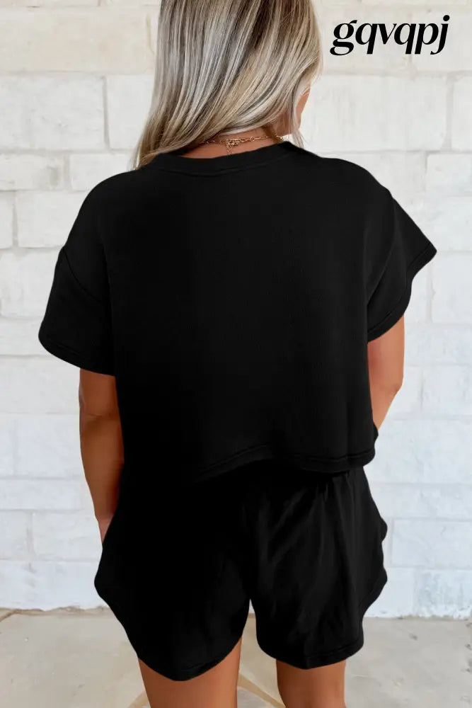 black-cropped-tee-high-waist-skirt-set - Two Piece Sets/Short Sets
