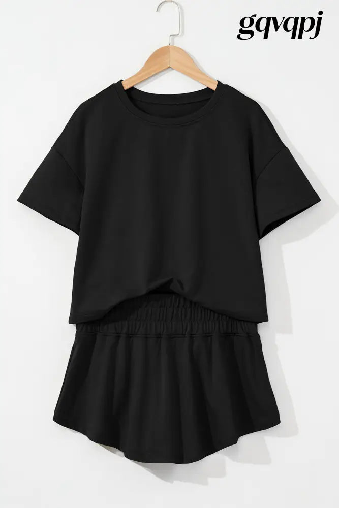 black-cropped-tee-high-waist-skirt-set - Two Piece Sets/Short Sets