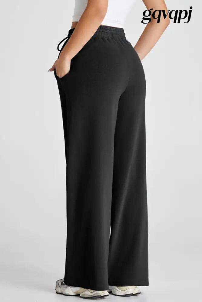 black-seamed-drawstring-high-waist-wide-leg-sweatpants - Bottoms/Pants & Culotte