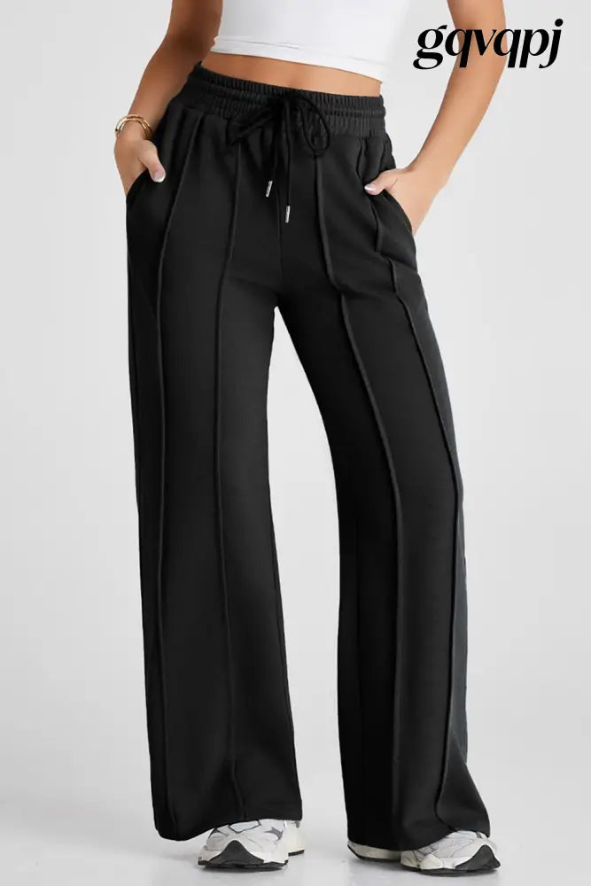 black-seamed-drawstring-high-waist-wide-leg-sweatpants - Bottoms/Pants & Culotte