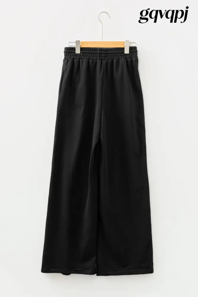 black-seamed-drawstring-high-waist-wide-leg-sweatpants - Bottoms/Pants & Culotte