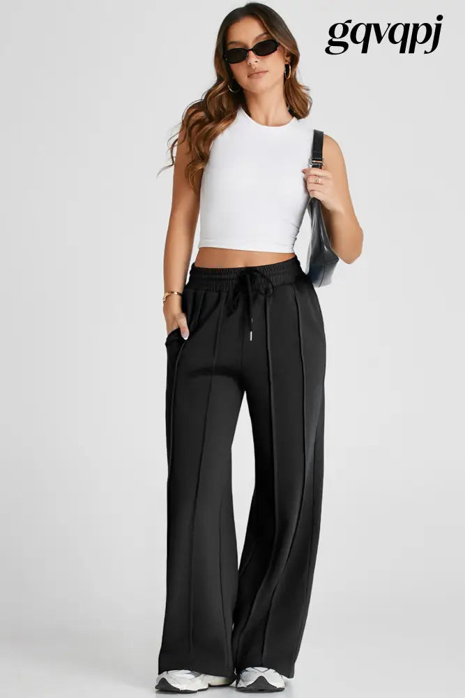 black-seamed-drawstring-high-waist-wide-leg-sweatpants - Bottoms/Pants & Culotte