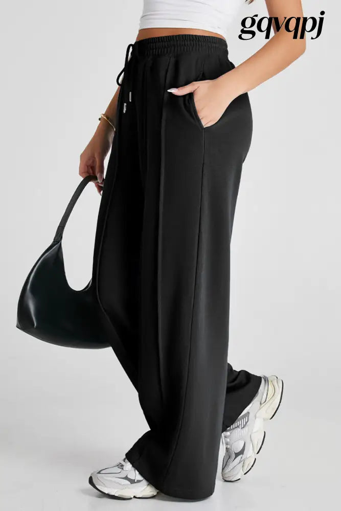 black-seamed-drawstring-high-waist-wide-leg-sweatpants - Bottoms/Pants & Culotte