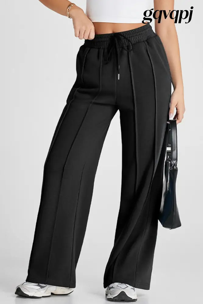 black-seamed-drawstring-high-waist-wide-leg-sweatpants - Bottoms/Pants & Culotte
