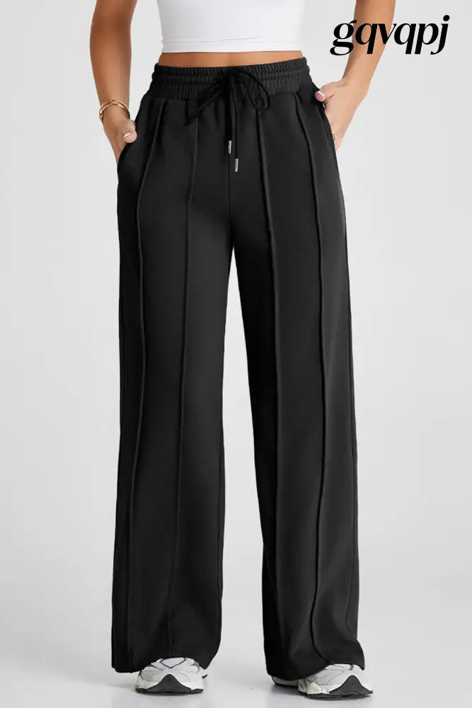 black-seamed-drawstring-high-waist-wide-leg-sweatpants - Black / S / 65% Polyester + 35% Cotton - Bottoms/Pants &