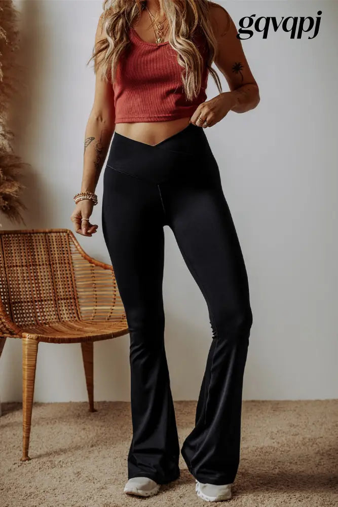 black-v-shape-high-waist-flared-leggings - Bottoms/Leggings