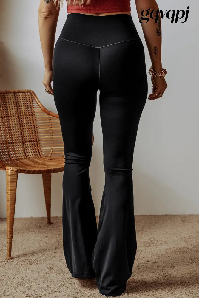 black-v-shape-high-waist-flared-leggings - Bottoms/Leggings