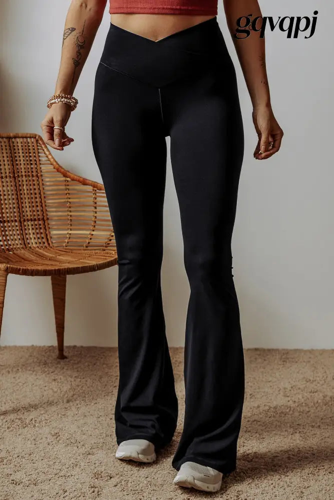 black-v-shape-high-waist-flared-leggings - Black / S / 75% Polyamide + 25% Elastane - Bottoms/Leggings