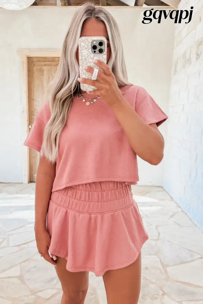 blossom-cropped-tee-high-waist-skirt-set - Two Piece Sets/Short Sets