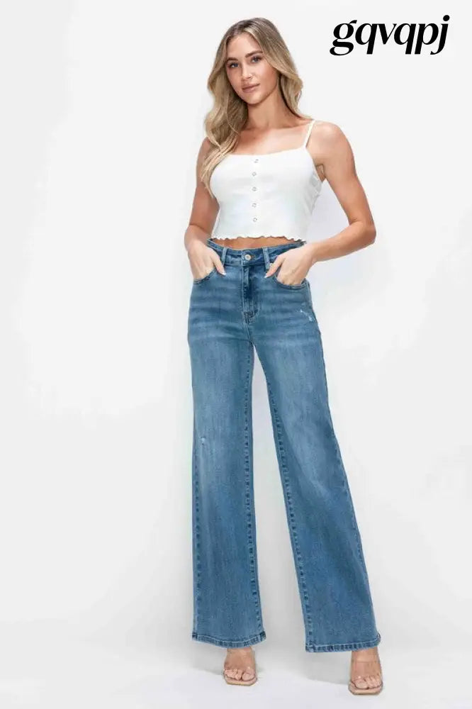 bytos-full-size-high-rise-wide-leg-jeans-with-pockets - Women’s Clothing
