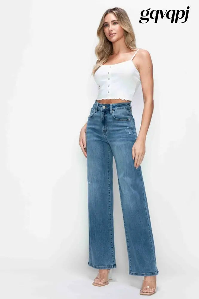 bytos-full-size-high-rise-wide-leg-jeans-with-pockets - Women’s Clothing