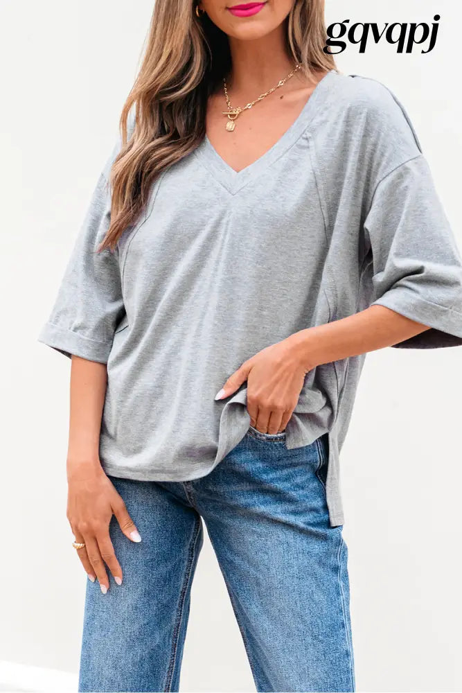 high-raglan-half-sleeve-v-neck-oversized-t-shirt - High-rise / S / 62% Polyester + 32% Cotton + 6% Elastane - Tops/Tops