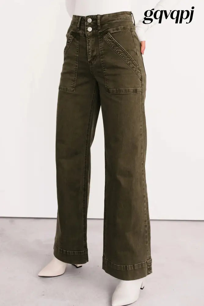 jungle-green-double-waistband-loose-straight-jeans - Bottoms/Jeans